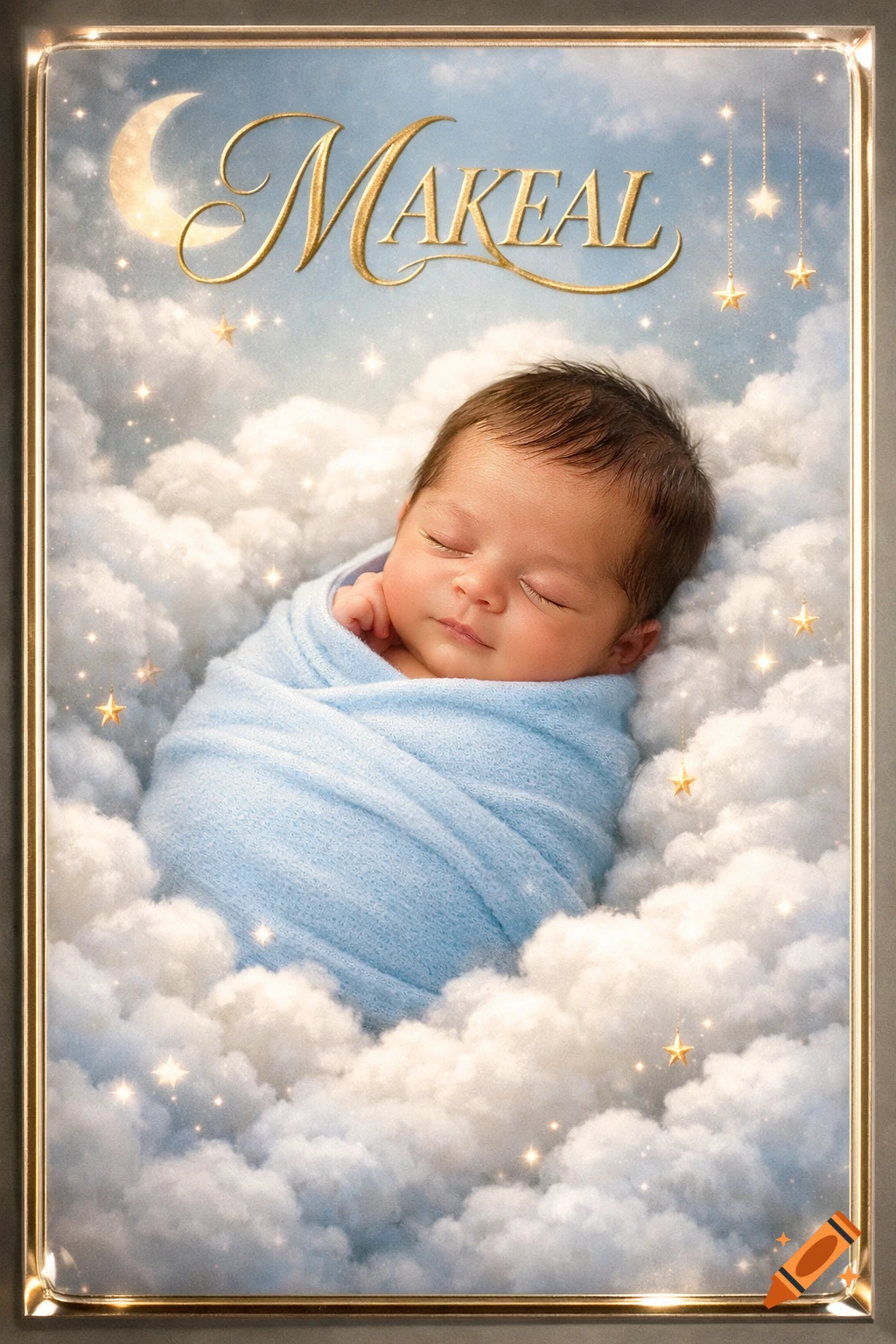 A sleeping newborn baby in a blue blanket lies nestled in fluffy clouds with stars and a crescent moon, and the name 'MAKEAL' in gold.