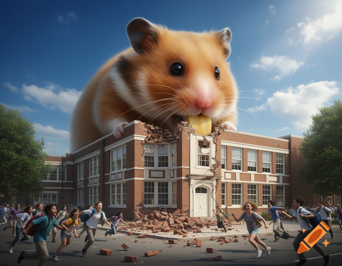 A giant hamster eats a corner of a brick school building while children flee in panic.