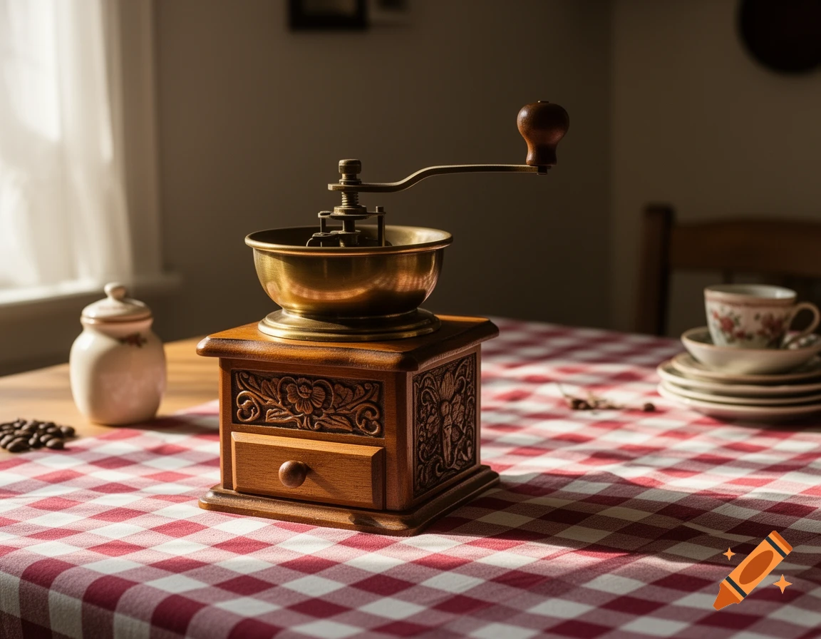 A vintage wooden coffee grinder with a brass bowl and handle sits on a red and white checkered tablecloth. Coffee beans are scattered nearby.