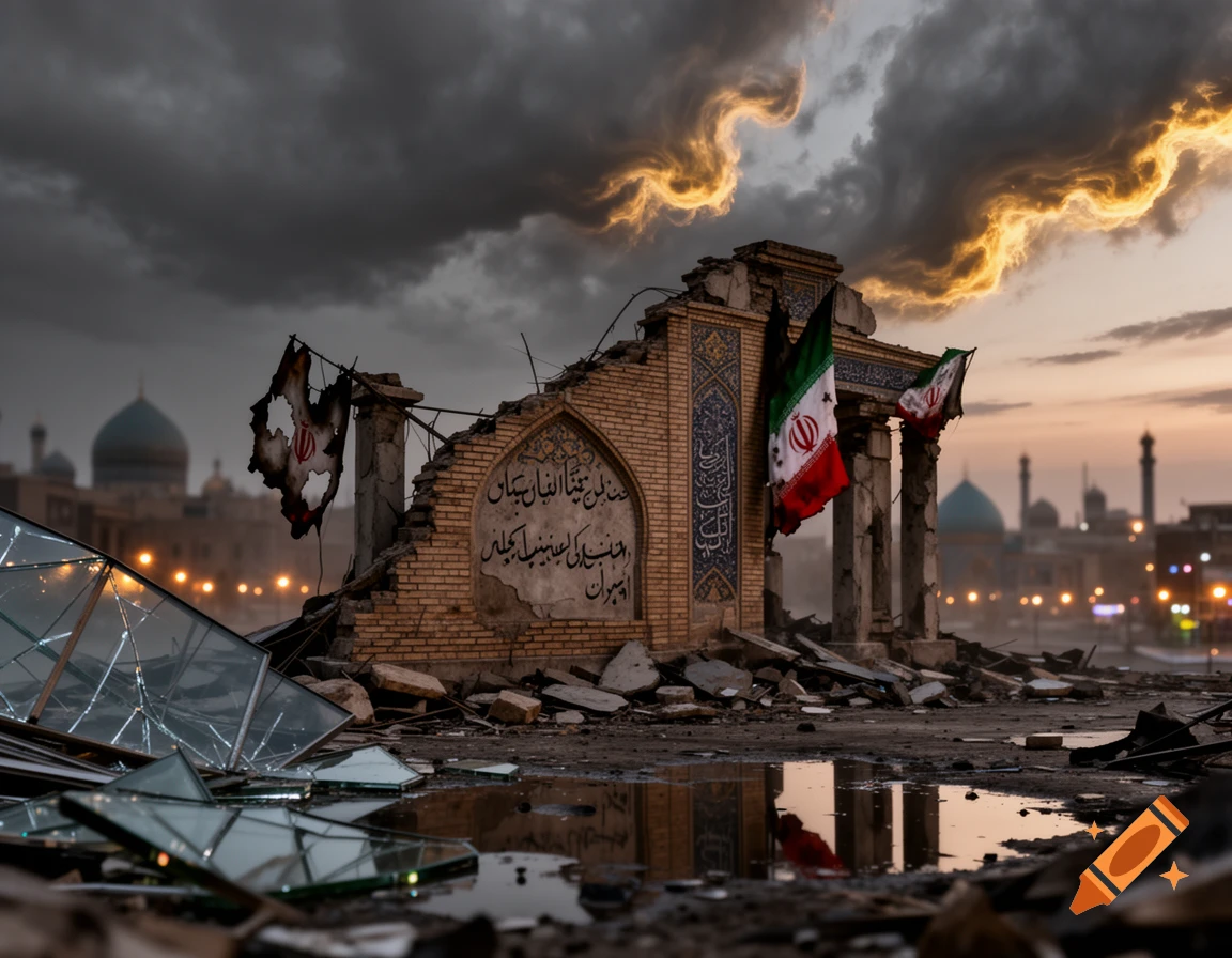 Destroyed archway with Iranian flags over rubble and broken glass, under a dramatic sky with golden clouds, in a ruined city.