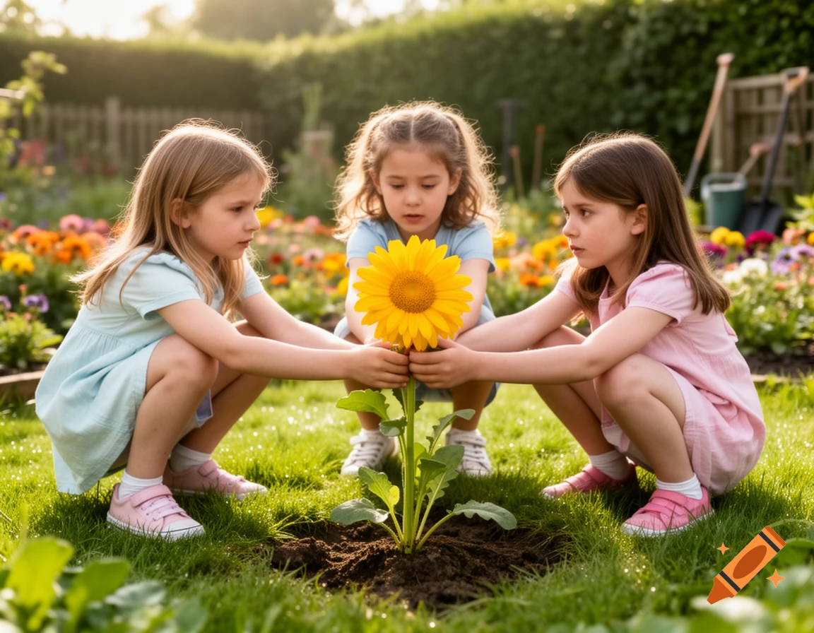 Three young girls squatting around a large yellow sunflower, gently holding its stem in a sunny garden.