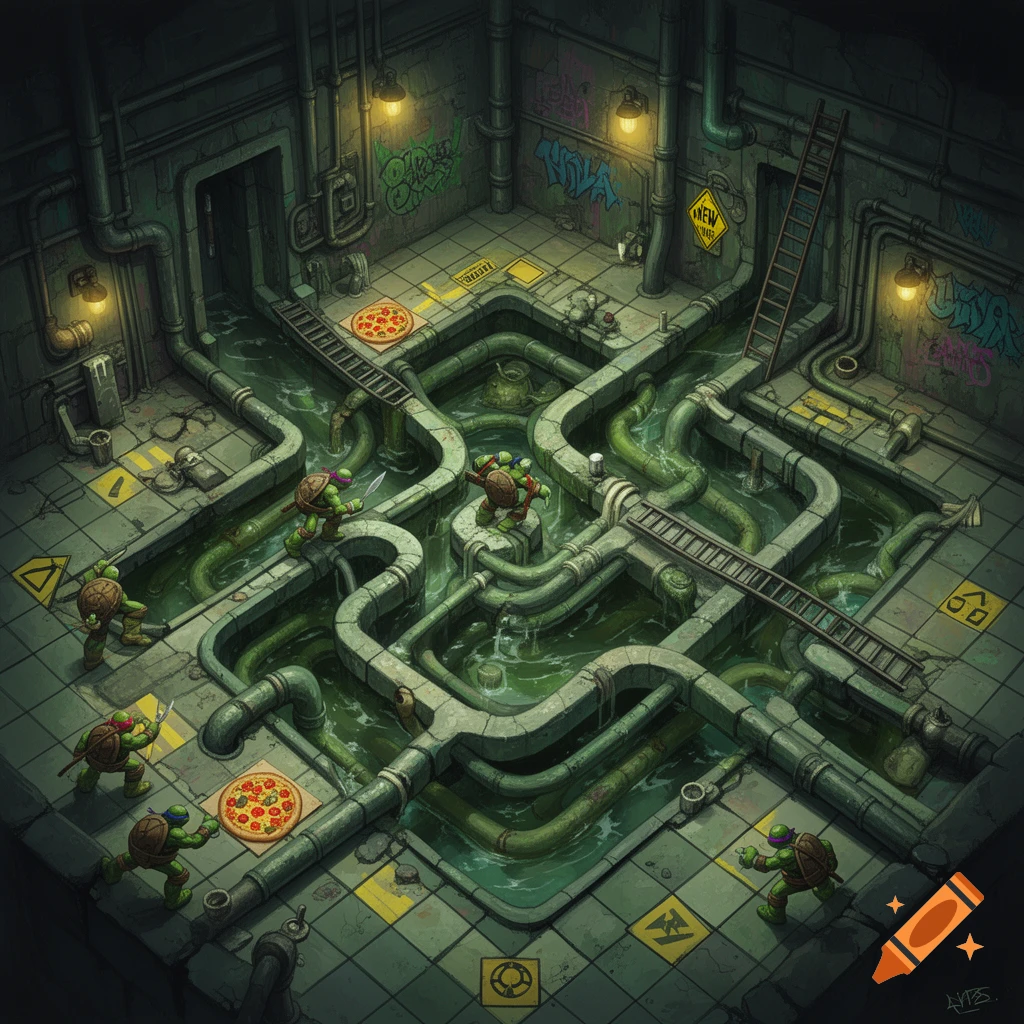 An isometric view of a sewer system resembling a game board, featuring four Teenage Mutant Ninja Turtles navigating pipes and platforms with two pizzas visible.