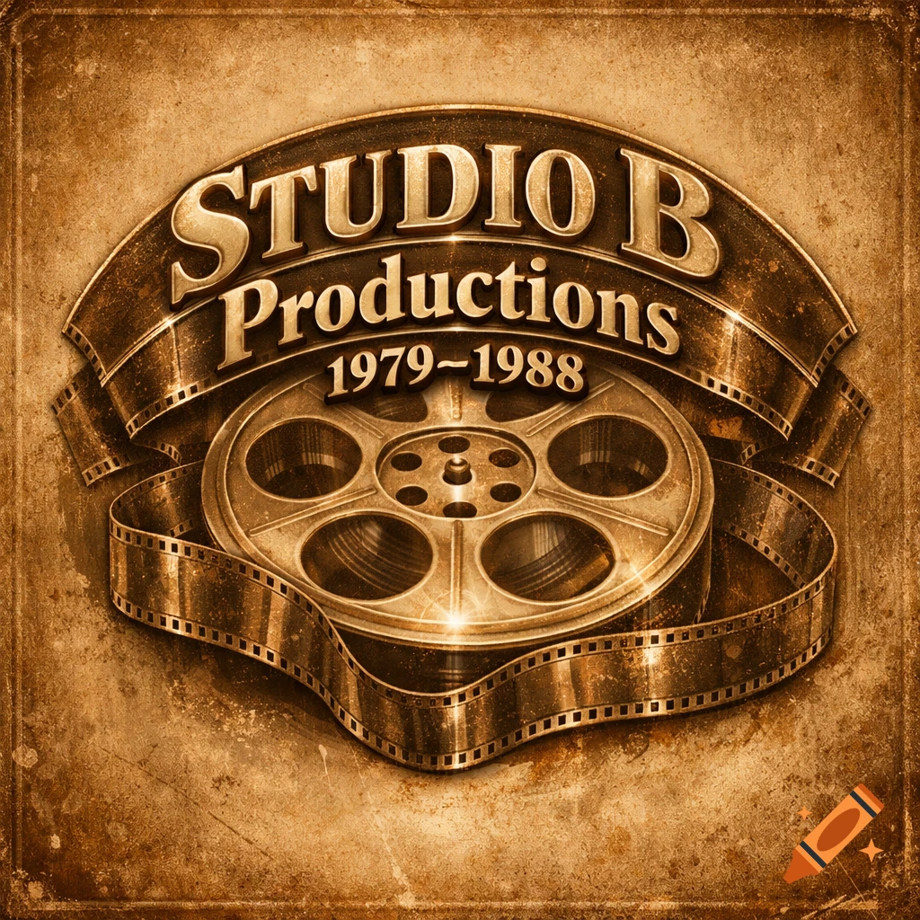 A vintage-style logo for Studio B Productions 1979-1988, featuring a movie reel and film strips in sepia tones on a textured background.