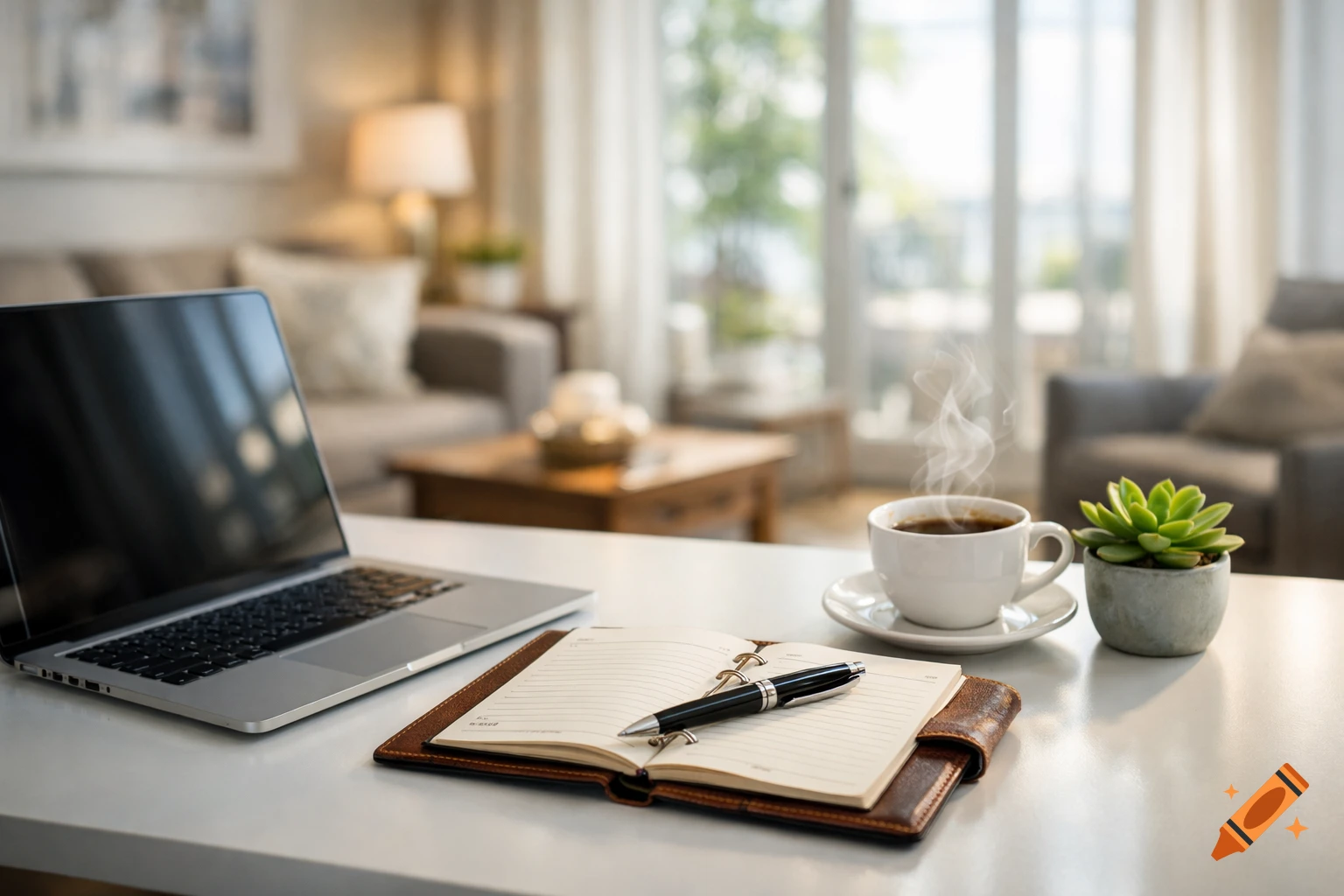Bright, modern home office workspace with a laptop, open planner, pen, steaming coffee cup, and a small plant on a white desk, with a soft-focus living room in the background.