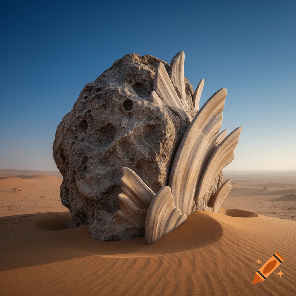 A large, rough rock with smooth, striated fin-like protrusions stands in a vast, sandy desert under a clear blue sky.