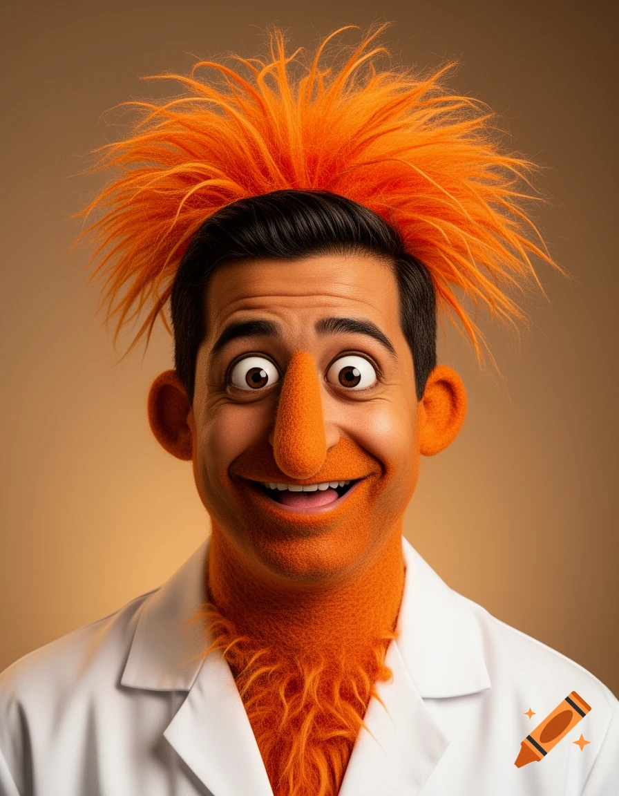 Humorous portrait of a man as a Beaker Muppet hybrid, featuring wild orange hair, a felt nose, wide eyes, and a white lab coat.