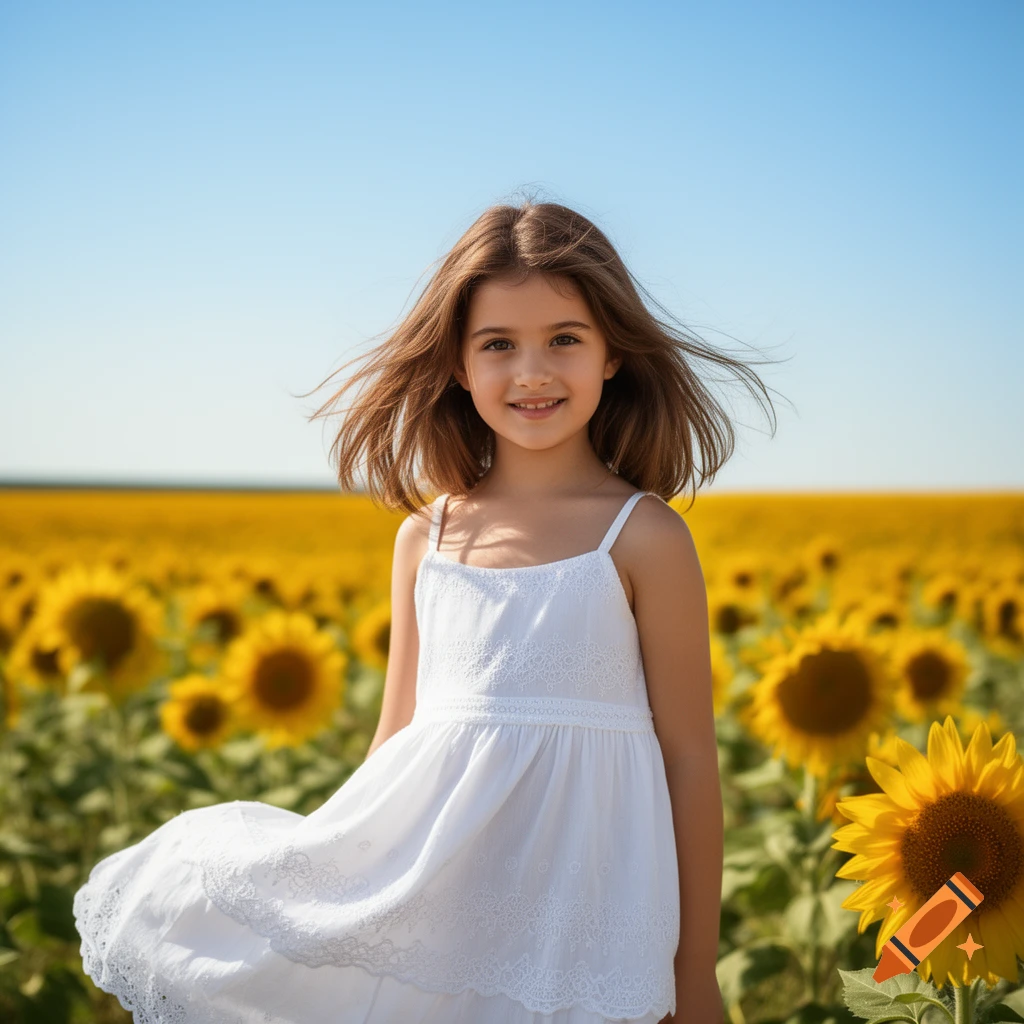 A smiling young girl with brown hair in a white dress stands in a vibrant sunflower field under a clear blue sky.