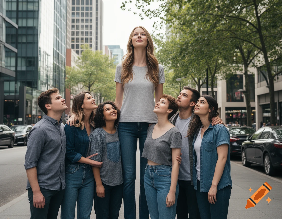 A very tall woman stands in a city street, surrounded by five shorter people looking up at her, photorealistic.