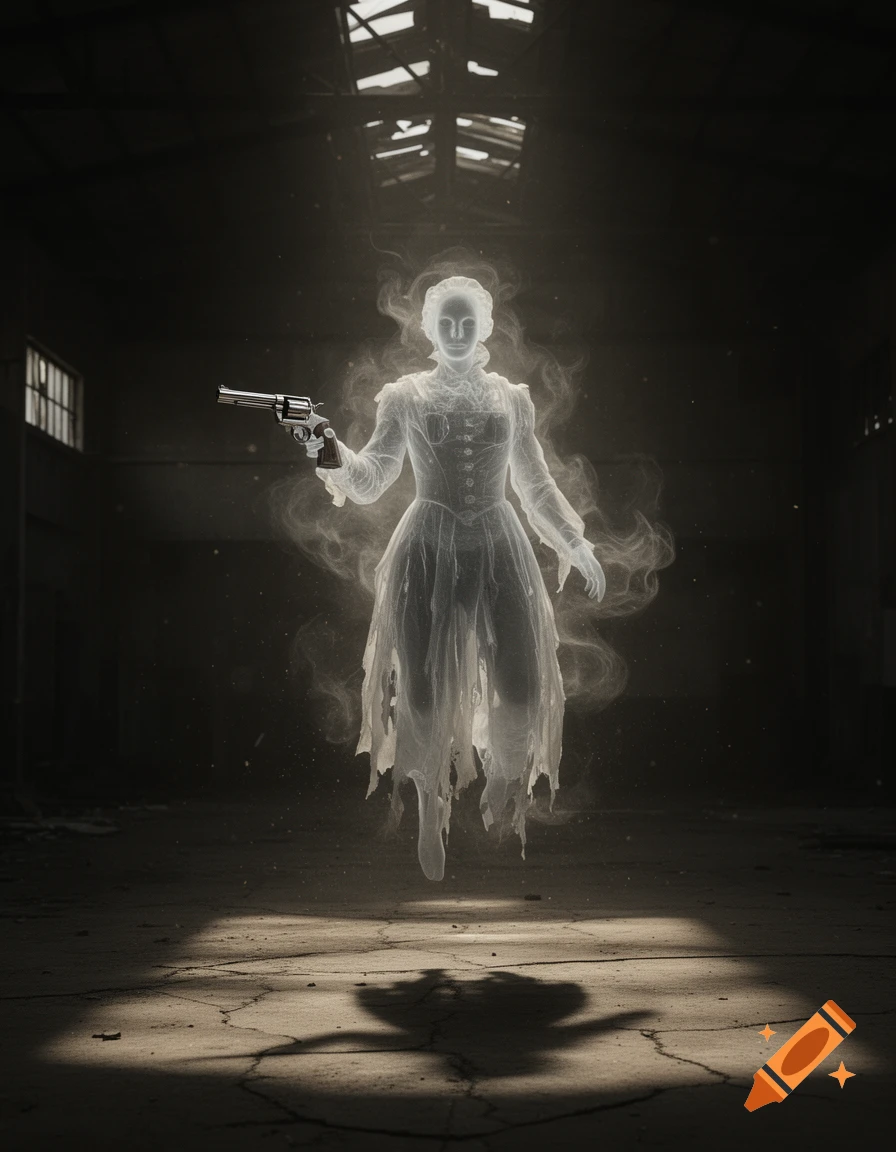 A translucent ghost in a tattered dress holds a revolver, floating in a dimly lit, decaying building with light rays.