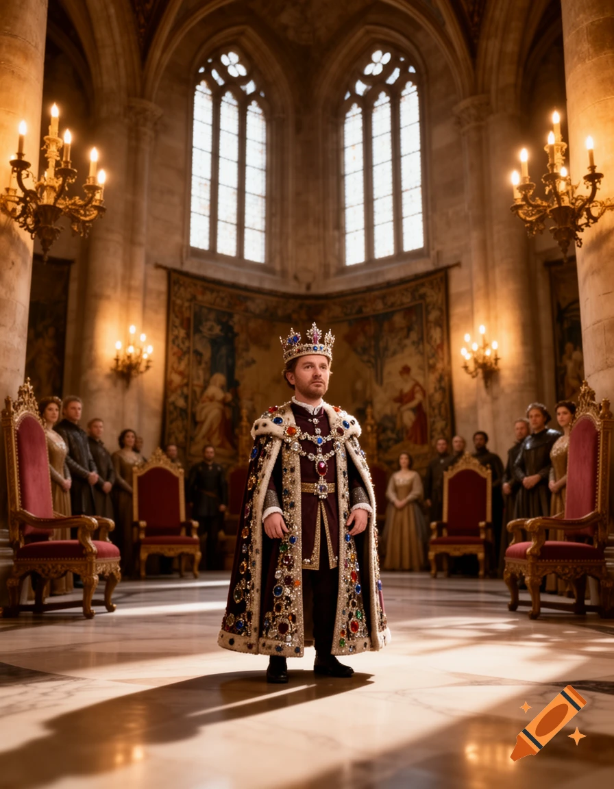 A king in an ornate, jewel-encrusted robe stands centrally in a grand, high-ceilinged palace hall.