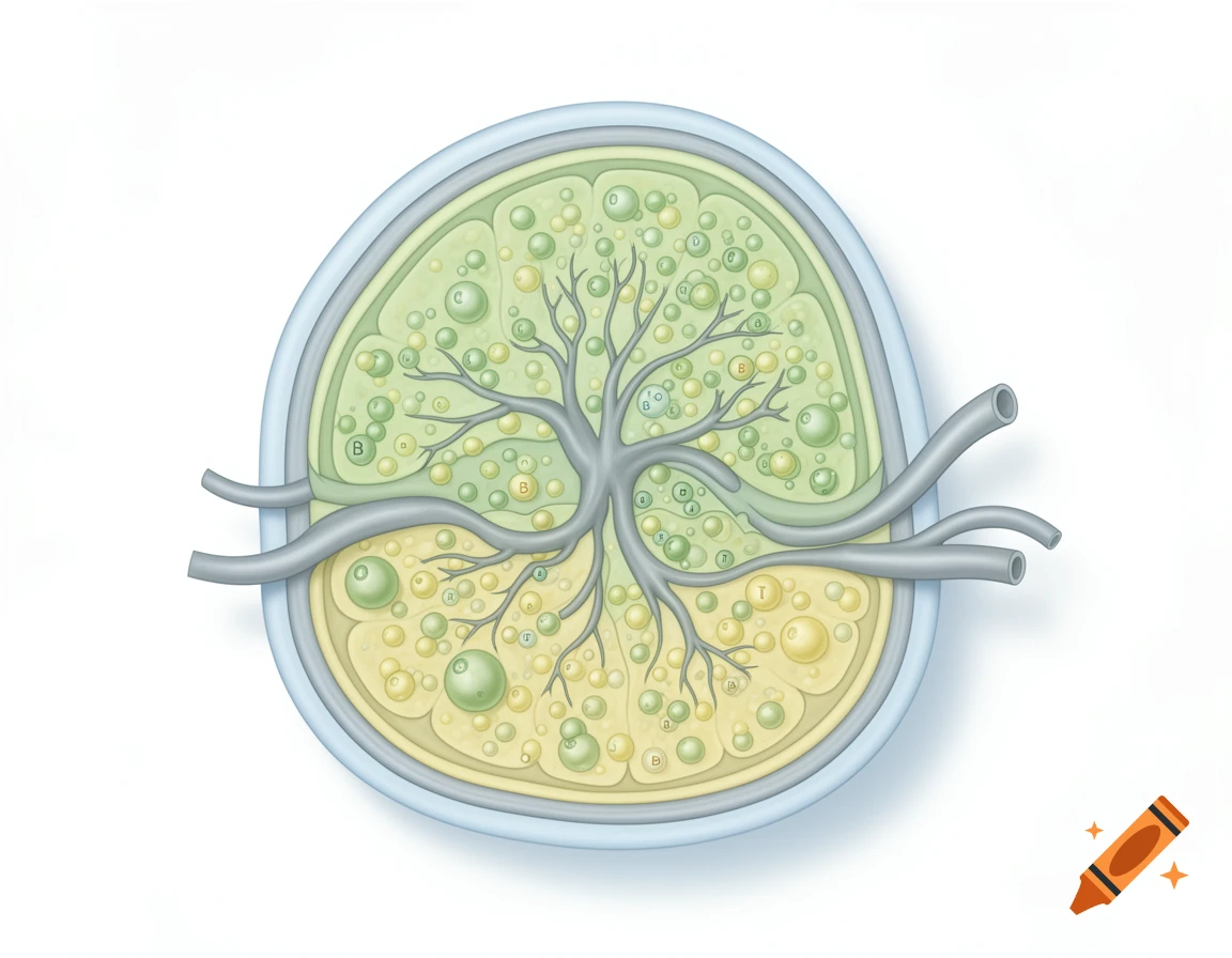 Detailed cross-section illustration of a lymph node with internal structures, vessels, and labeled cells.