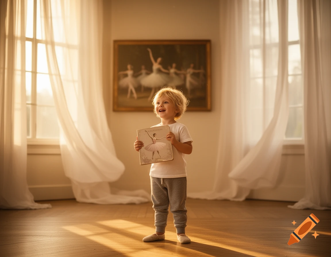 A smiling young boy with blond hair holds a ballet book in a sunlit room with sheer curtains and a painting of ballerinas.