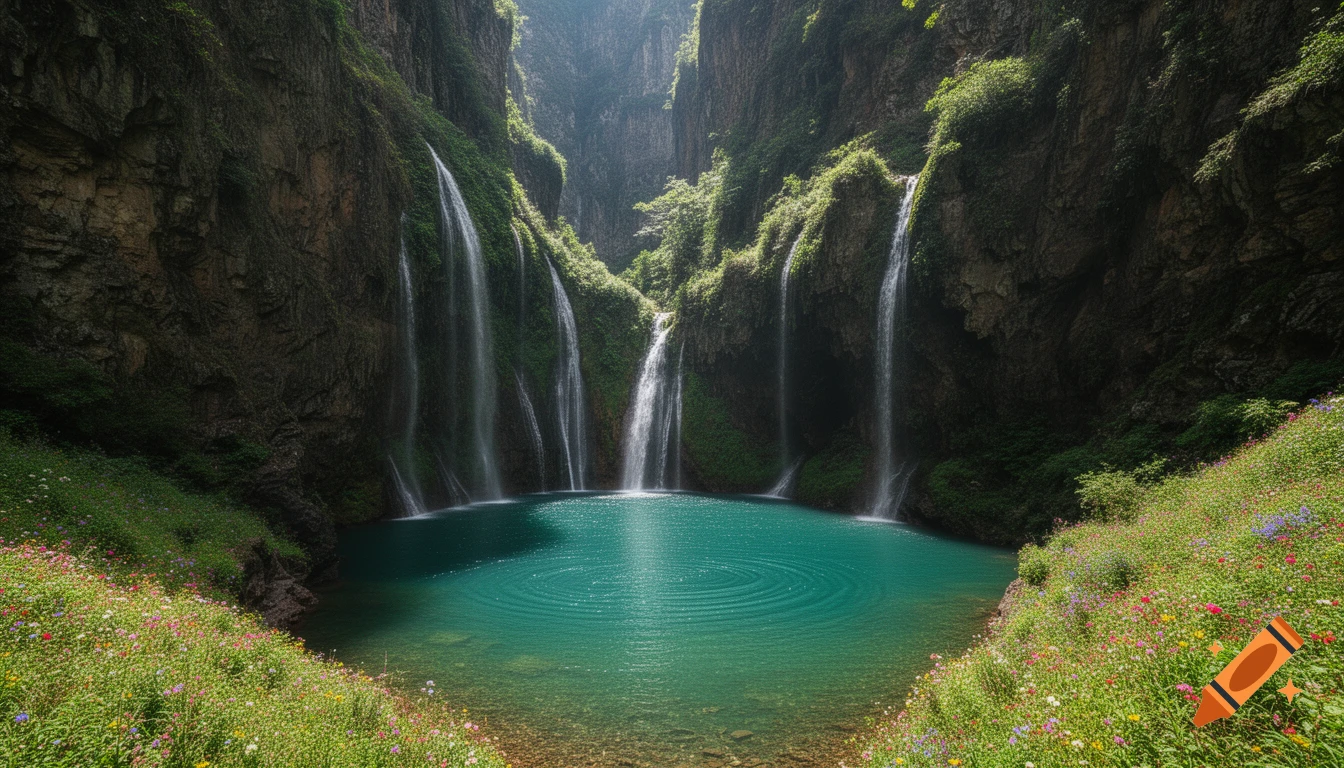 Multiple waterfalls cascade into a clear turquoise lake surrounded by a narrow, lush green gorge with wildflowers.