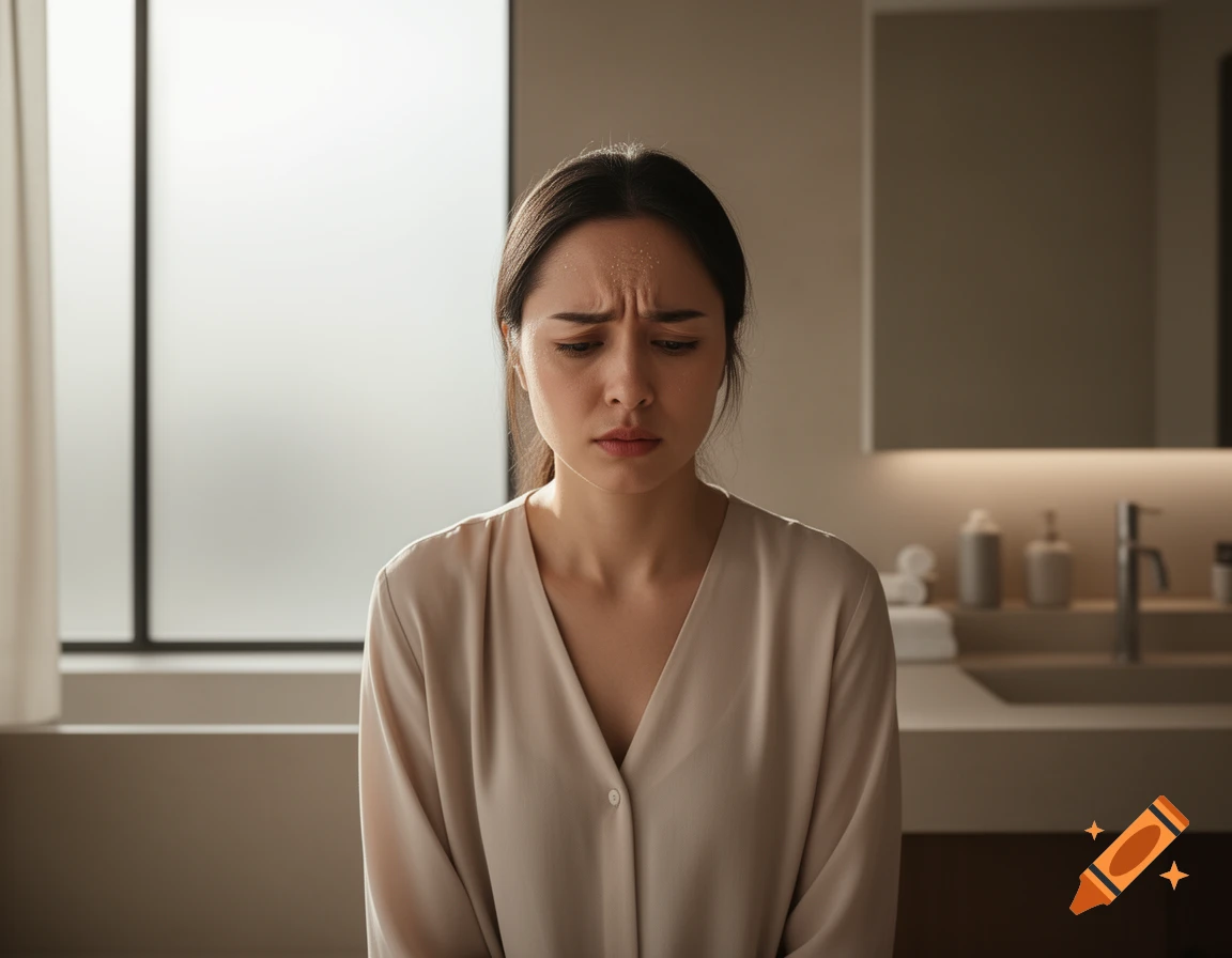 A distressed woman with sweat on her forehead looks down, standing in a modern bathroom.