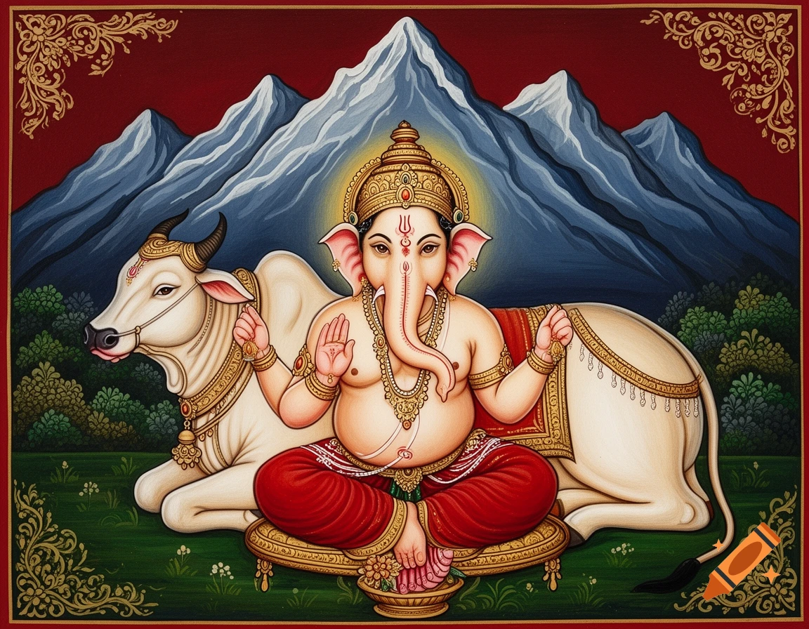 Traditional Pichwai painting of Ganesha seated in meditation, with a sacred cow resting behind him, against stylized mountains.