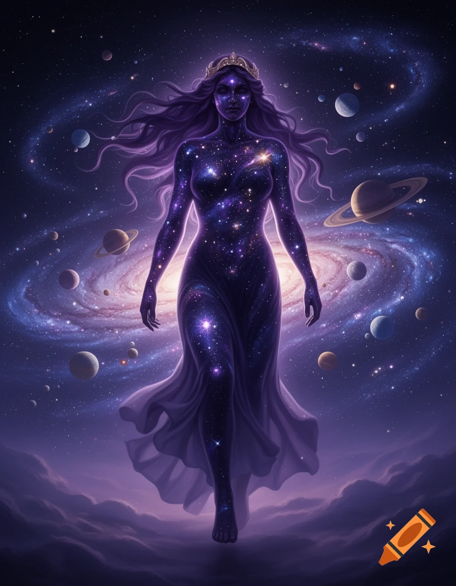 A cosmic goddess with a crown, purple skin covered in stars, and long flowing hair, walking amongst planets and a galaxy.