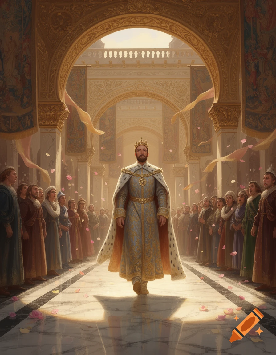 A king in a golden robe and crown walks down a grand, ornate hall, flanked by onlookers, with rose petals on the floor.