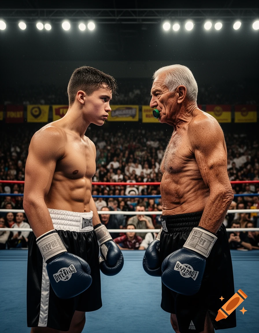 A young boxer and an old boxer face each other in a boxing ring, surrounded by a blurry crowd and bright arena lights. Photorealistic style.