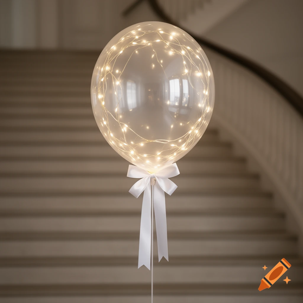 A transparent bobo balloon filled with warm white LED string lights, tied with a white satin ribbon, against a blurred staircase background.