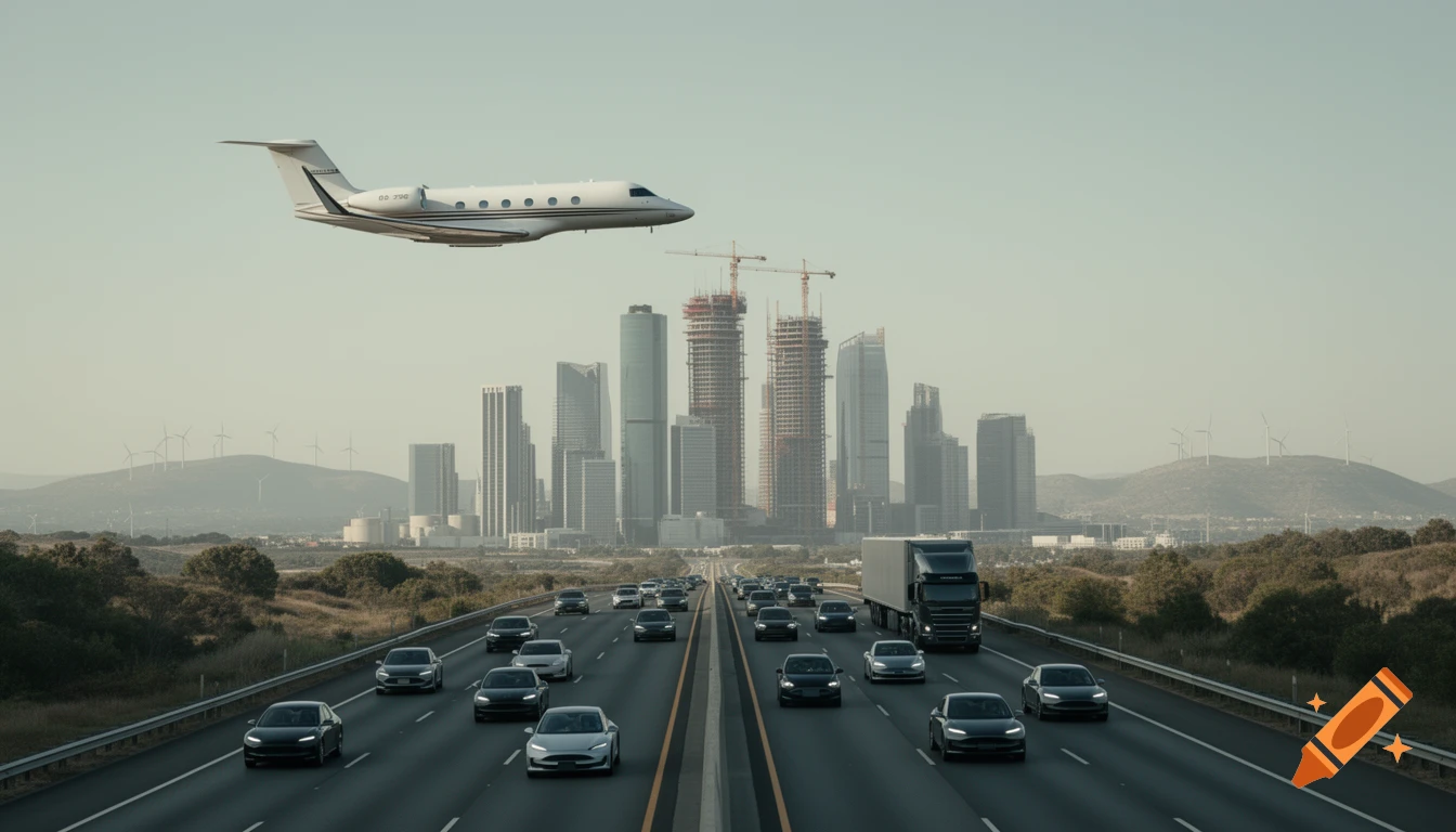 Photorealistic image of a highway with cars and a semi-truck leading to a modern city skyline with buildings under construction. A private jet flies above the city, and wind turbines dot distant hills.