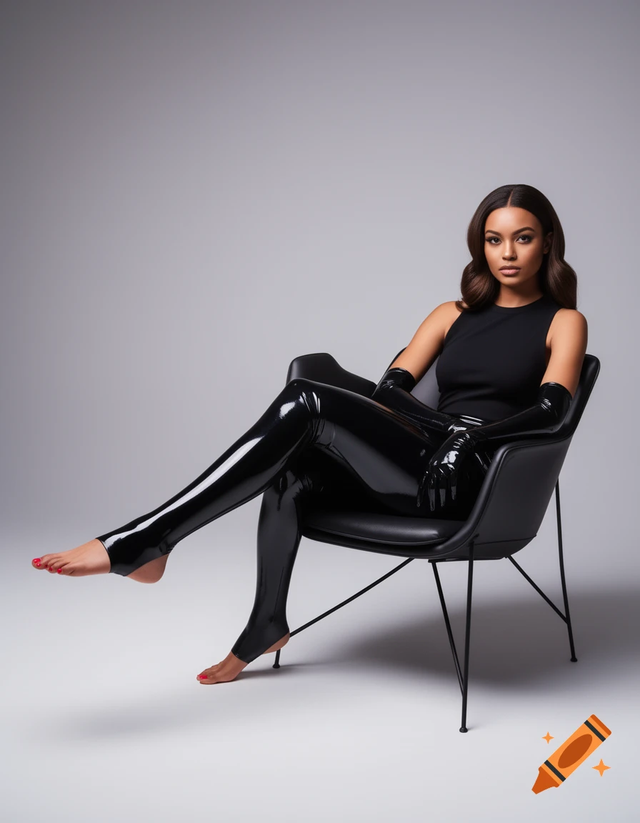 A woman in a black sleeveless top, shiny black latex leggings with stirrups, and long matching gloves, sits in a black chair against a grey background. Her bare feet with red polished nails are visible.