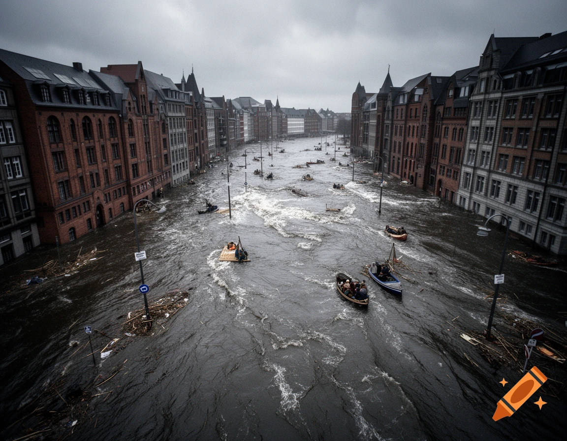 Aerial view of a flooded city street lined with brick buildings, dark water, and many small boats navigating the currents under a cloudy sky.