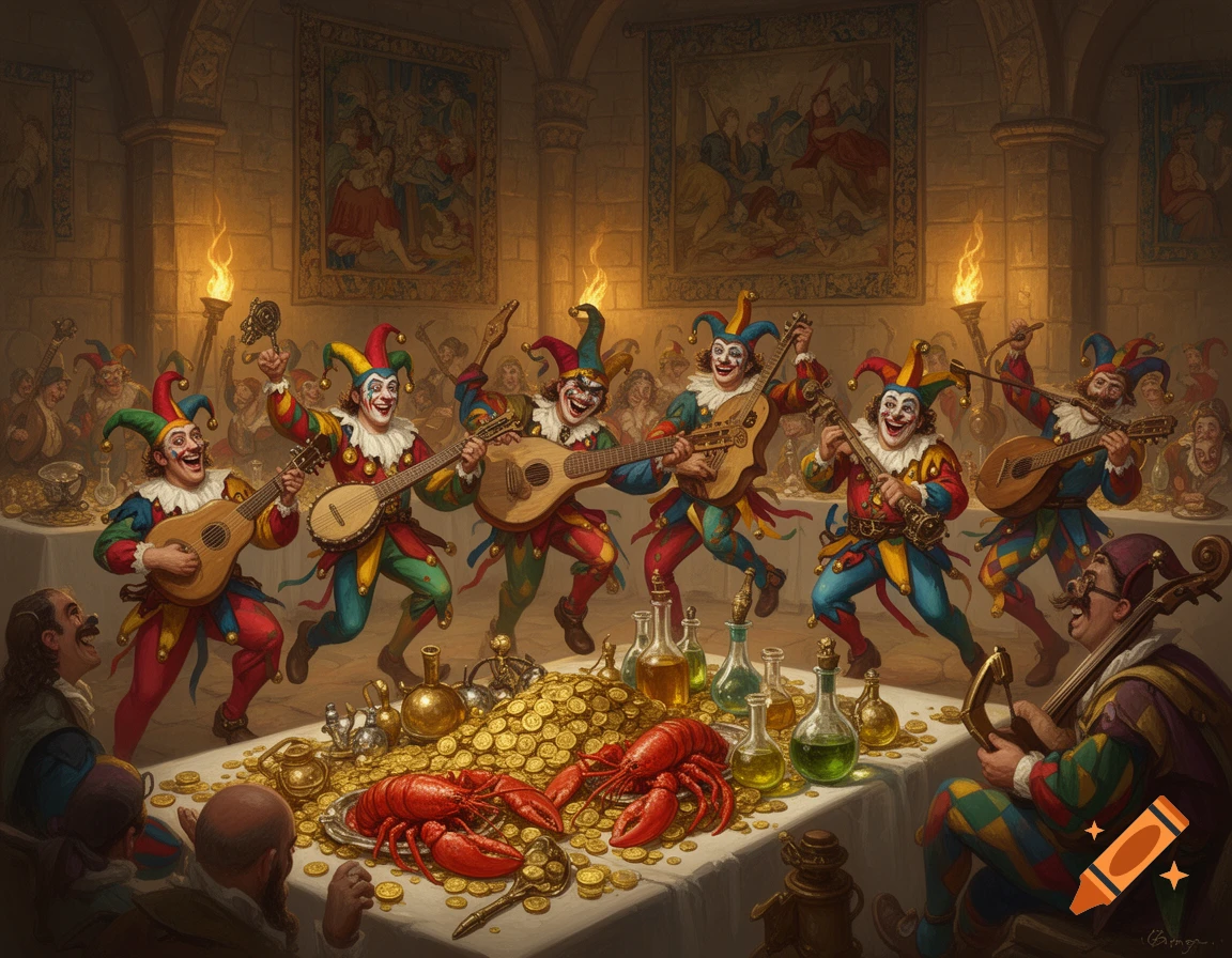 Jesters play music and dance around a table filled with lobsters, gold, and bottles in a festive medieval hall.