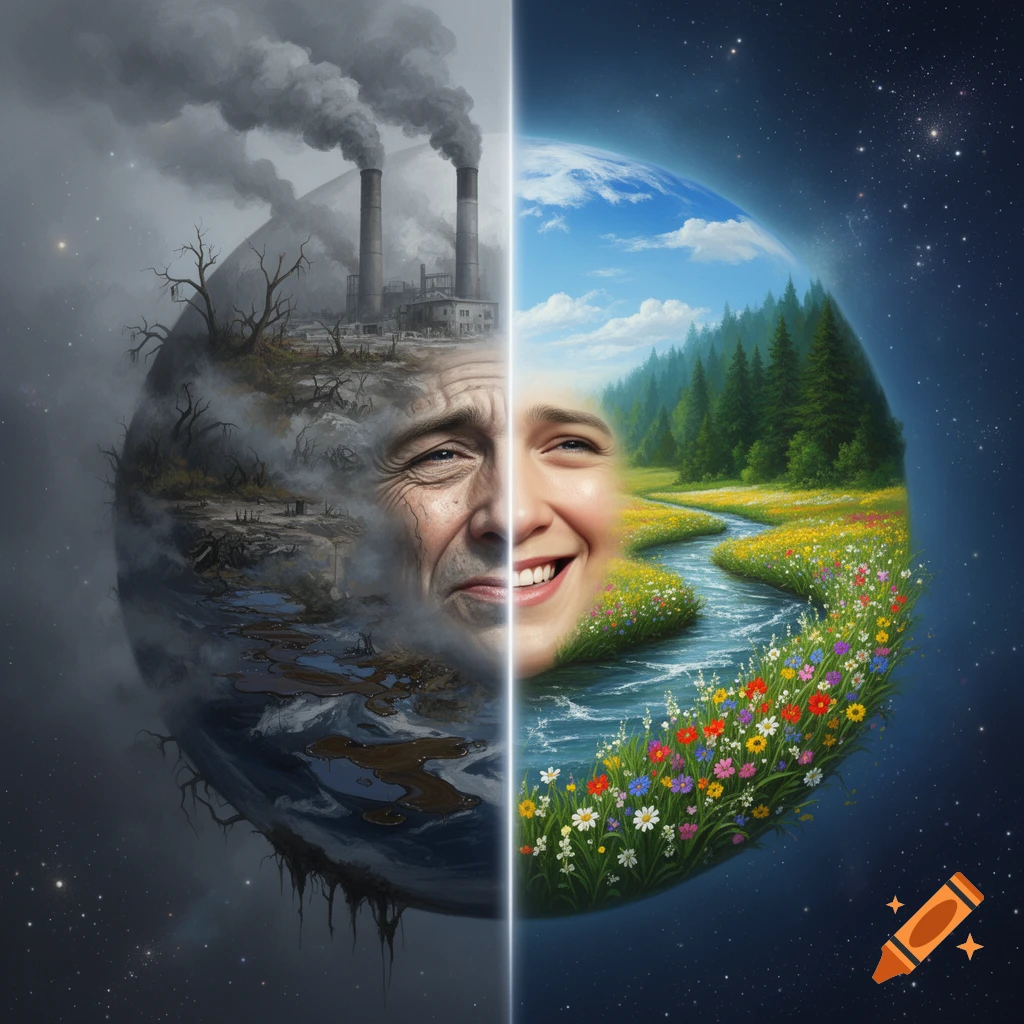 A split image of Earth, one half showing a polluted industrial landscape with a distressed face, the other a vibrant natural scene with a smiling face.