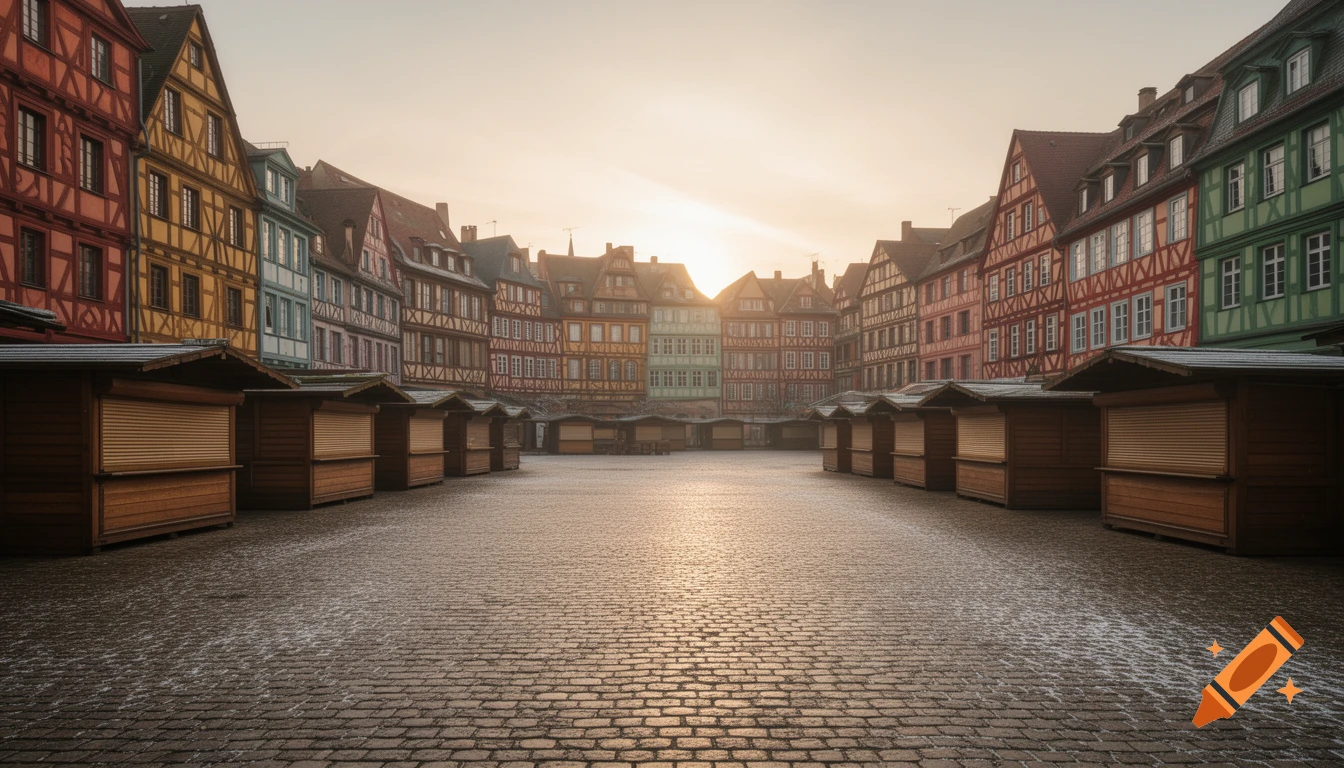 Empty European marketplace with colorful half-timbered buildings, closed market stalls, and cobblestone ground at sunrise, photorealistic.