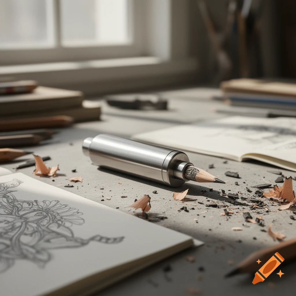 Photorealistic image of a silver pencil extender with a short pencil, surrounded by shavings and sketches on a desk.