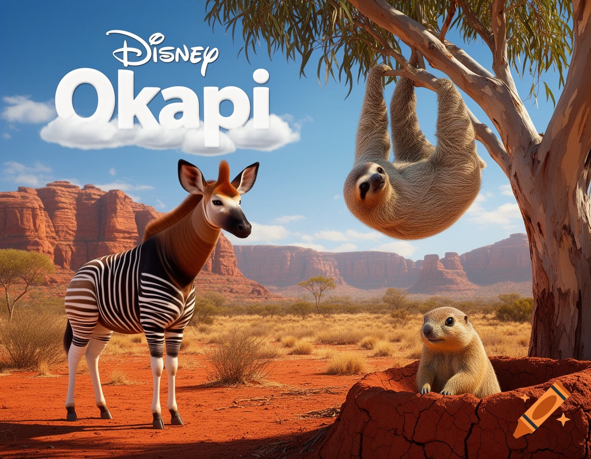A Disney 'Okapi' movie poster featuring an okapi, a sloth hanging from ...