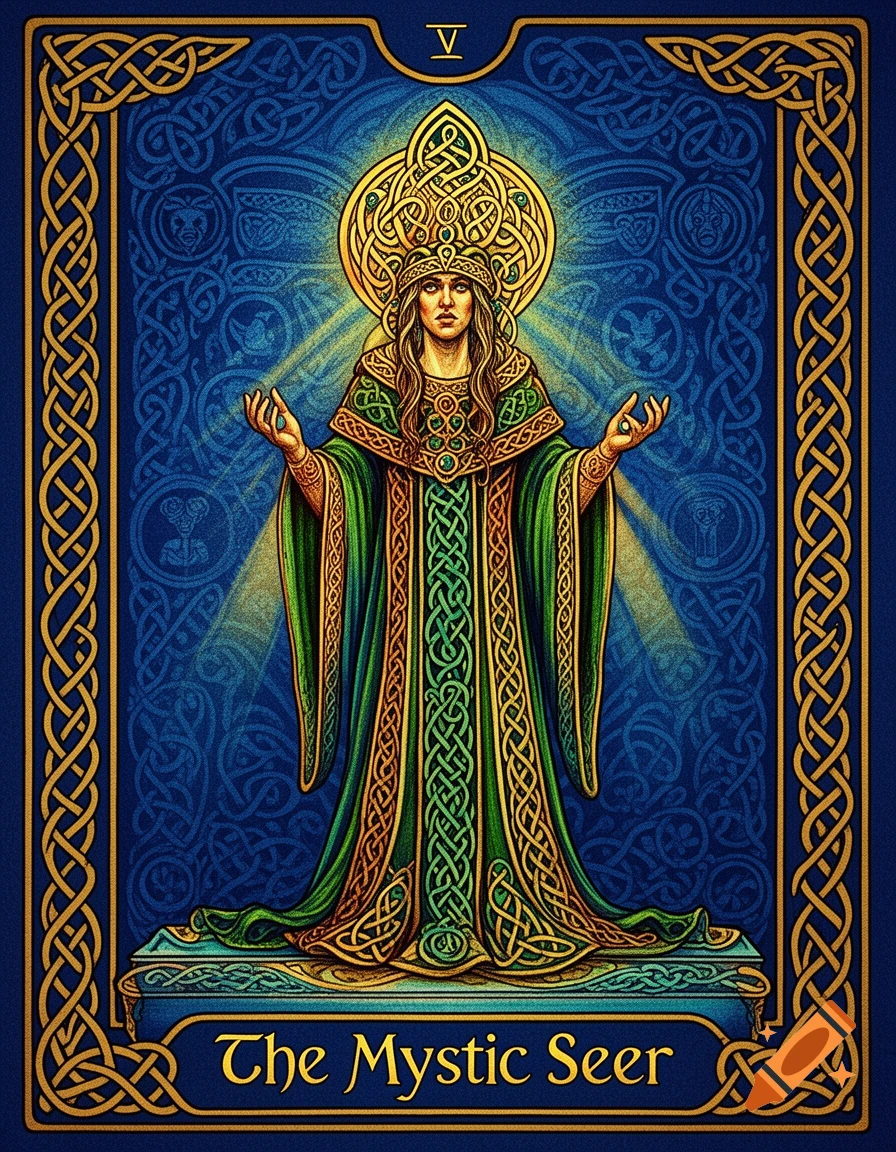 A vibrant tarot card features a mystic in elaborate green and gold Celtic knot robes and headdress, radiating light against a blue patterned background, with 'The Mystic Seer' text.