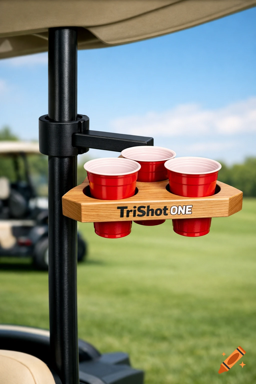 A wooden TriShot ONE cup holder with three red cups mounted to a golf cart's roof pole, with a blurred golf course in the background.