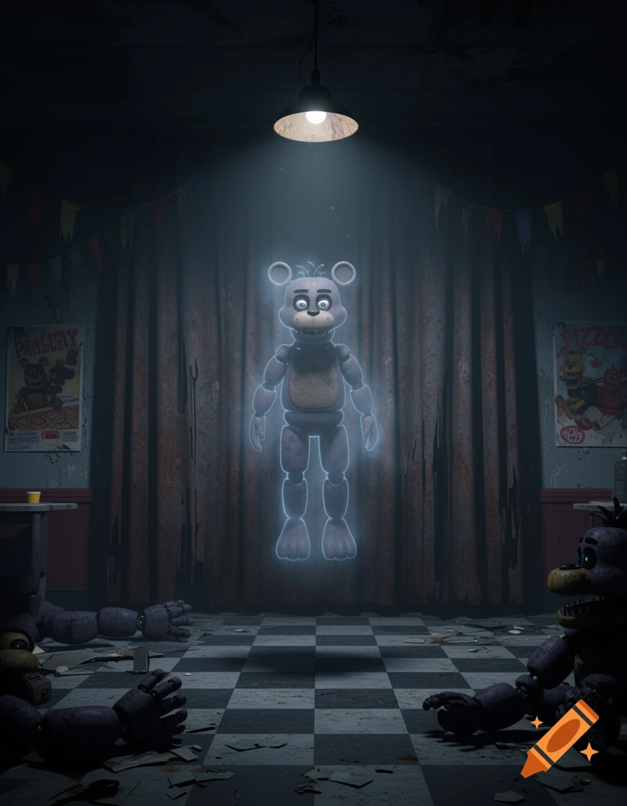 A ghostly, translucent animatronic bear floats under a spotlight in a dark, decaying room with broken animatronic parts.