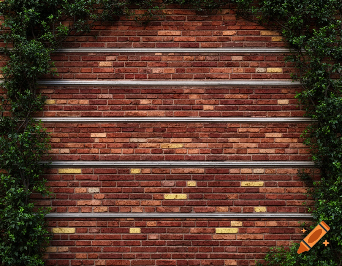 A red brick wall with horizontal silver bands and green ivy vines growing vertically on both sides.
