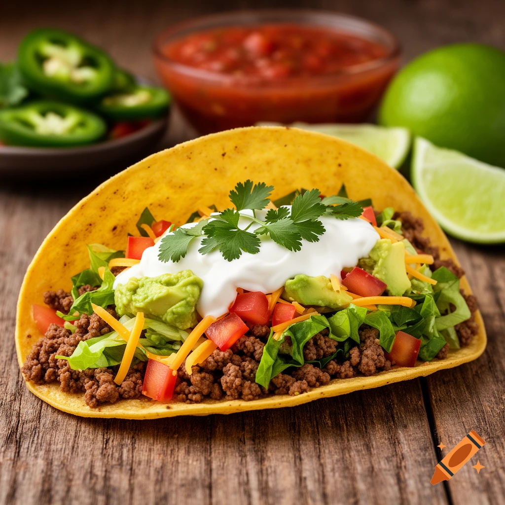 A close-up, photorealistic image of a hard-shell taco filled with ground beef, lettuce, diced tomatoes, shredded cheese, guacamole, and a dollop of sour cream, topped with fresh cilantro. Salsa, jalapenos, and lime wedges are blurred in the background on a wooden surface.