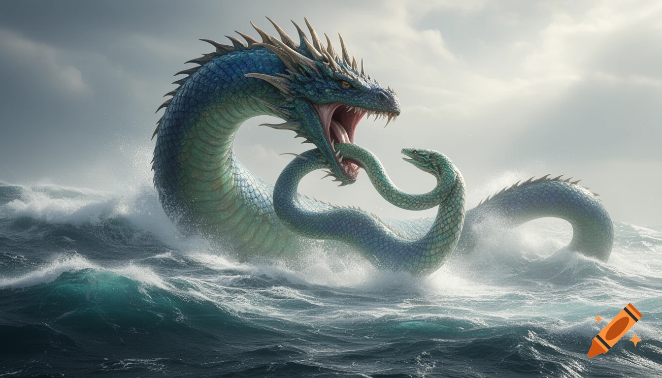 A giant blue-green sea serpent with sharp spikes and an open maw, with a smaller green serpent emerging from its mouth, in a turbulent ocean.