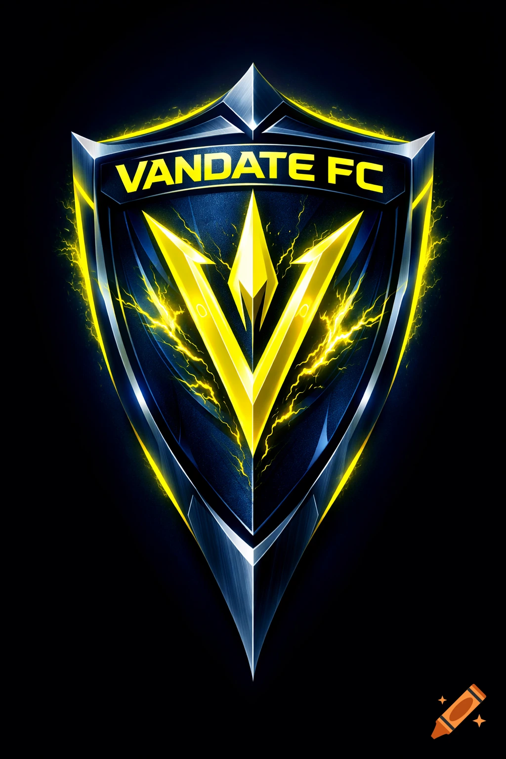A metallic blue and silver shield logo with a stylized yellow 'V' and glowing yellow lightning. The text 'VANDATE FC' is at the top.