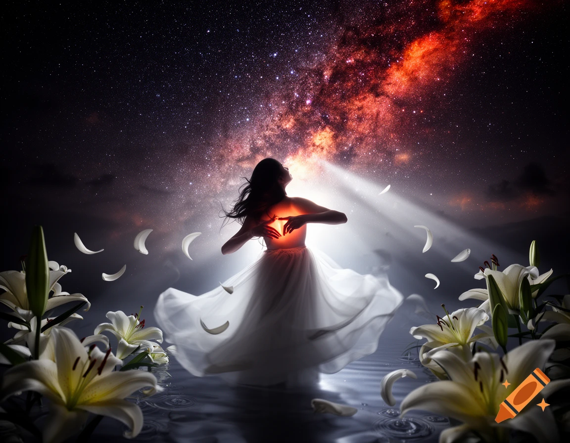 Silhouetted woman in a white dress with a glowing heart, surrounded by lilies and falling petals, under a starry night sky with a cosmic nebula.