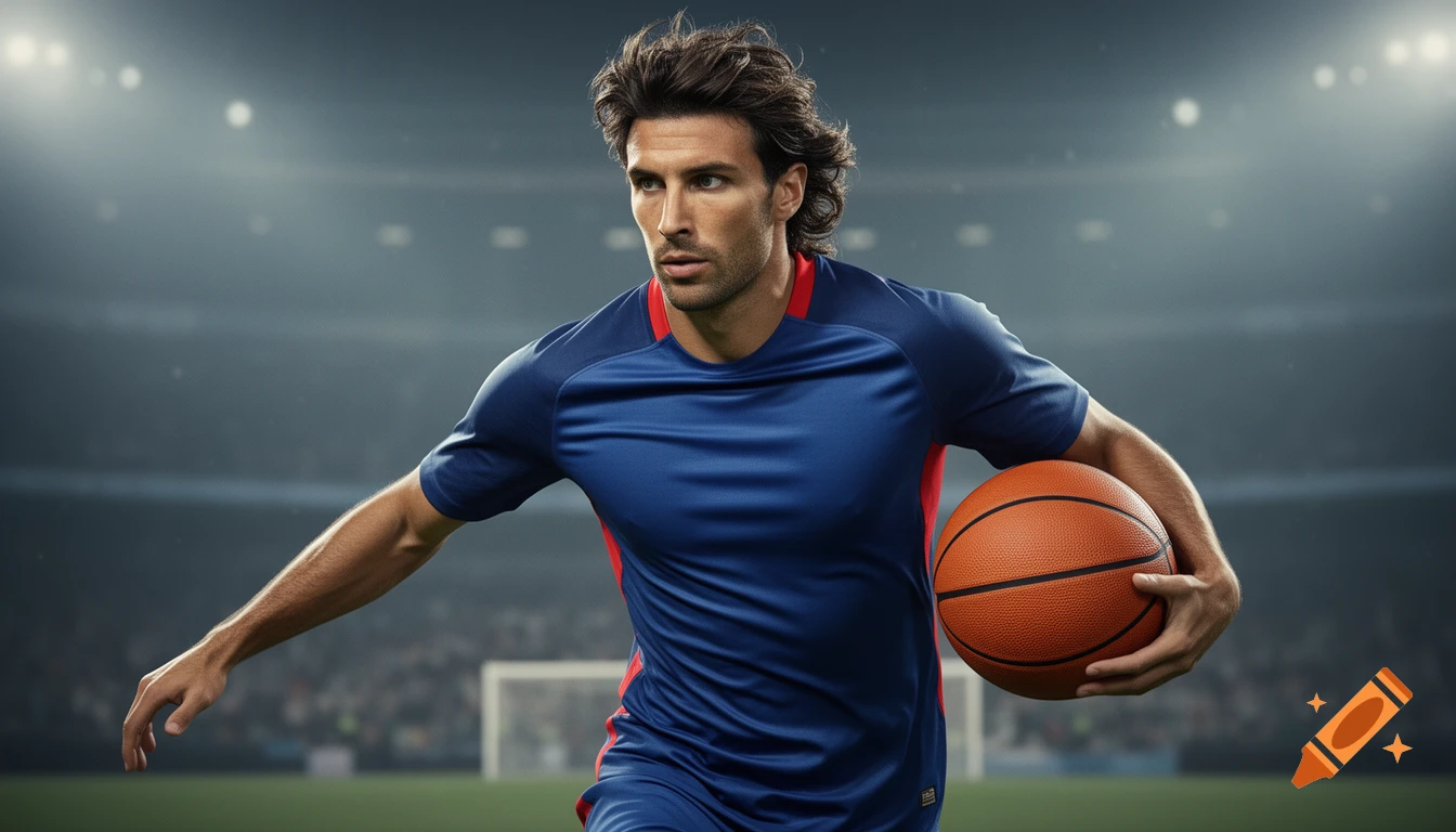 A photorealistic image of a male athlete in a blue and red jersey holding a basketball on a stadium field.