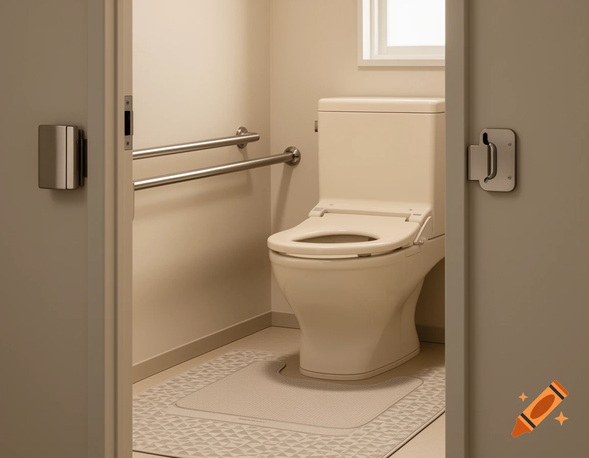 A photorealistic image of a senior-friendly bathroom with a toilet, grab bars, and an anti-slip mat on the floor.