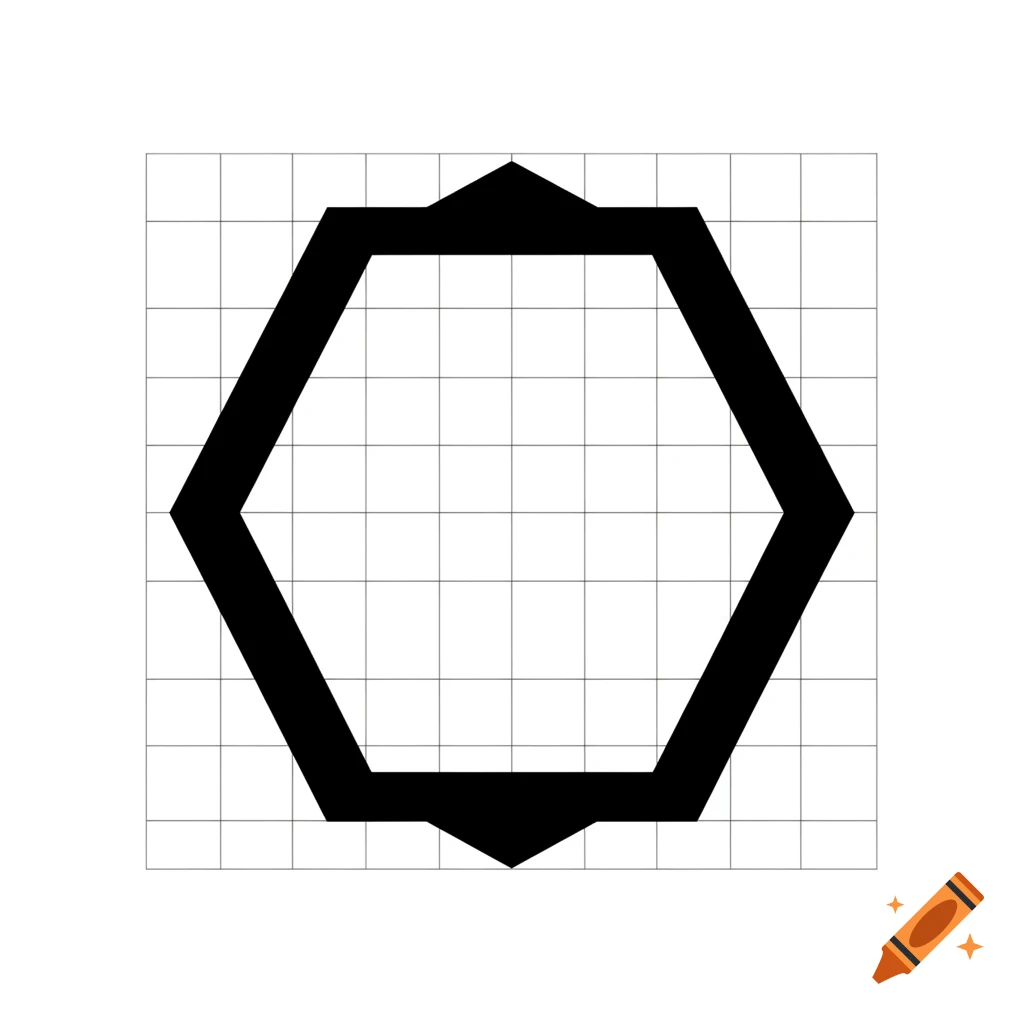 A black outline of a hexagon with pointed top and bottom edges, overlaid on a white grid.