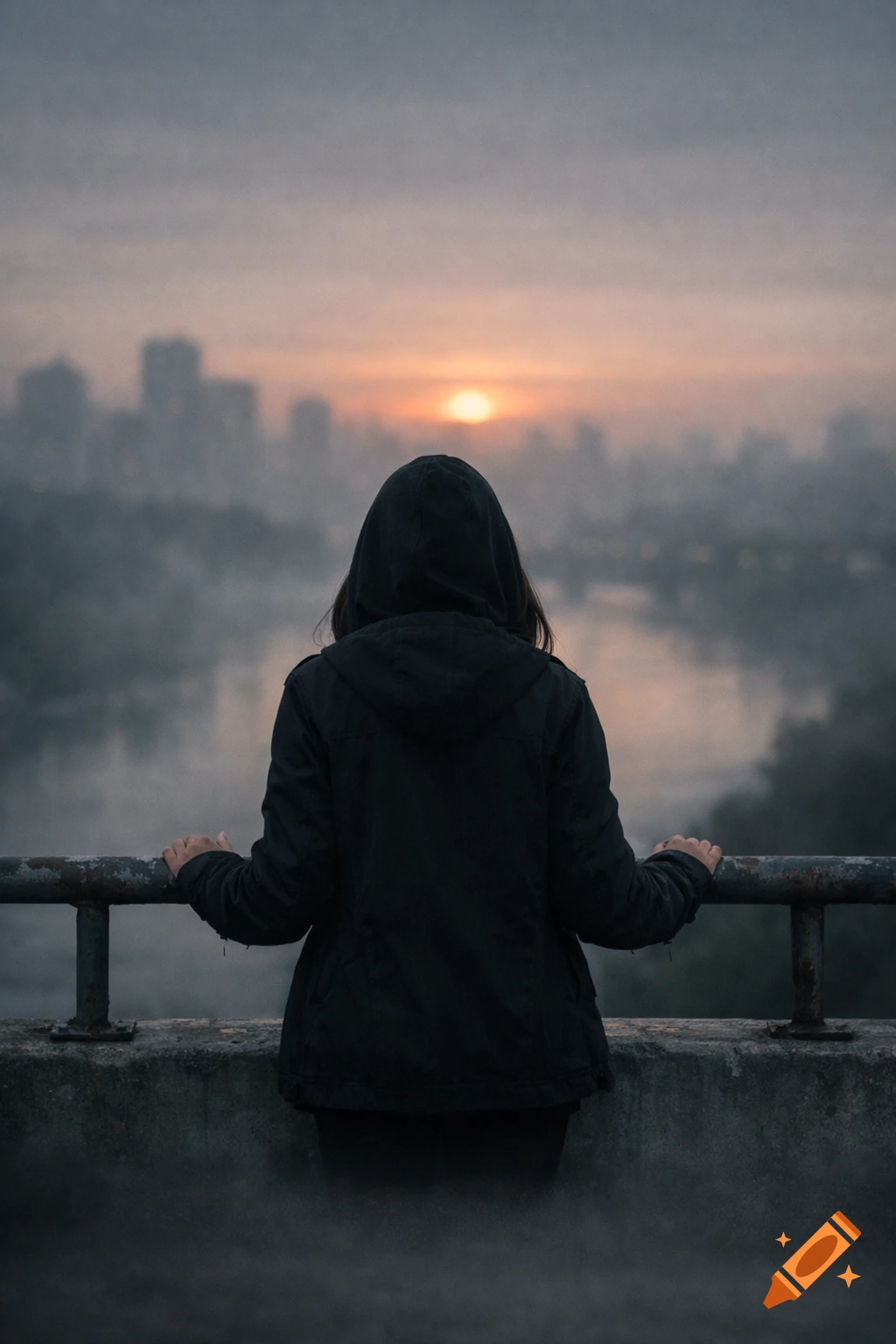 A person in a black hooded jacket stands on a concrete bridge, looking over a misty city and river at sunset, creating a melancholic, photorealistic scene.