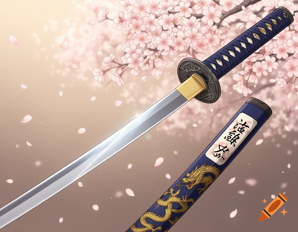 An anime illustration of a katana with a blue scabbard featuring a golden dragon design and stylized text, set against a background of pink cherry blossoms.