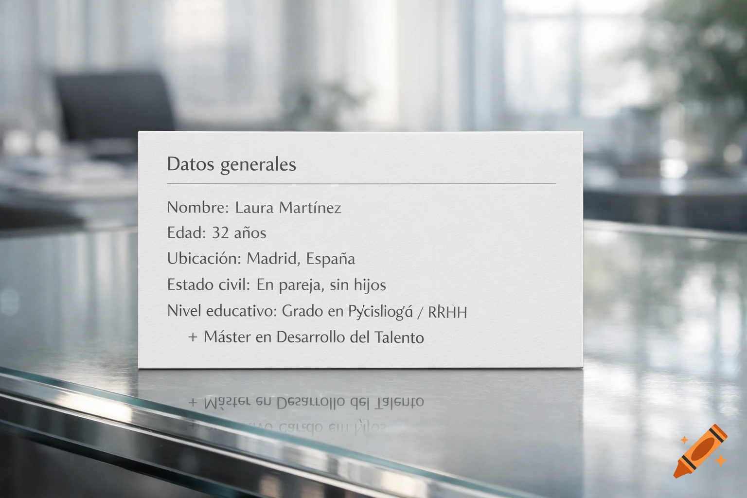 White personal information card with Spanish text including name, age, and education, reflected on a glossy table surface in an office setting.