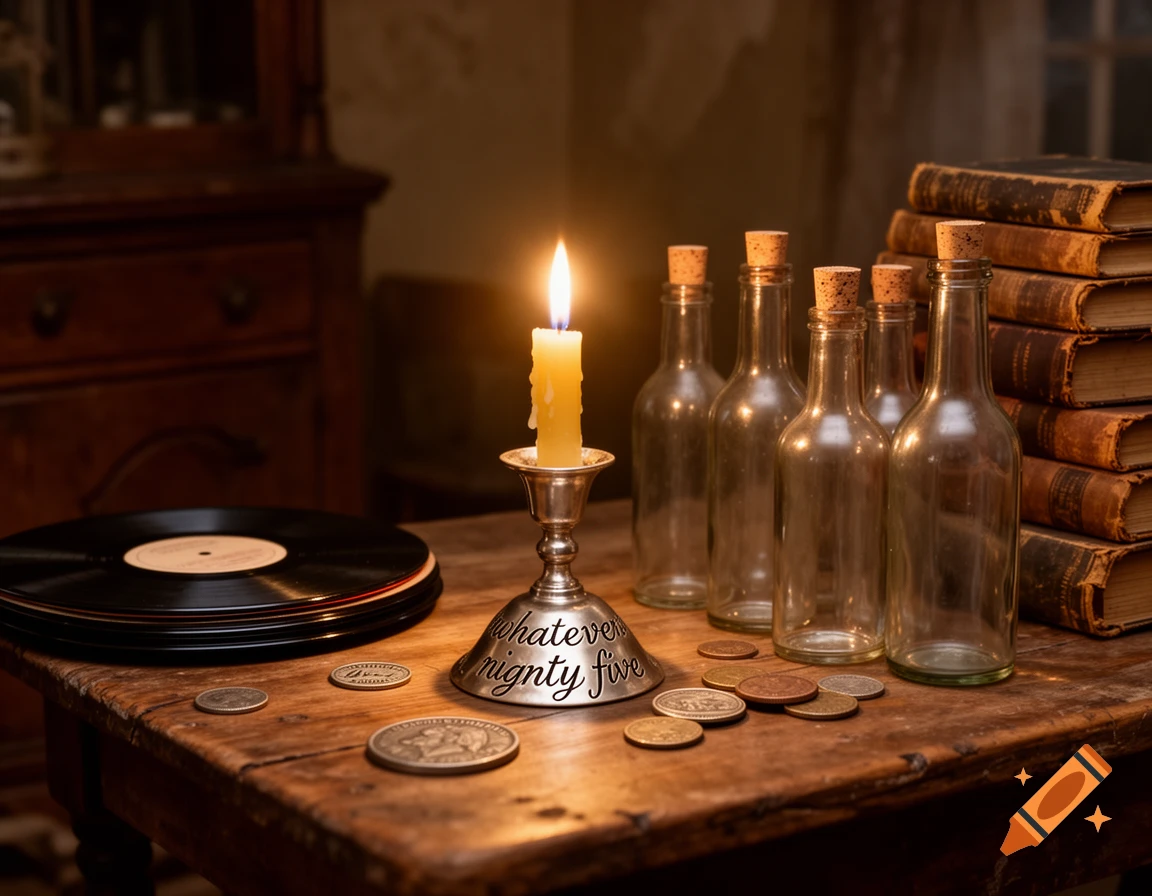 A photorealistic still life of a lit candle in a holder with text, vinyl records, empty bottles, and coins on a wooden table.