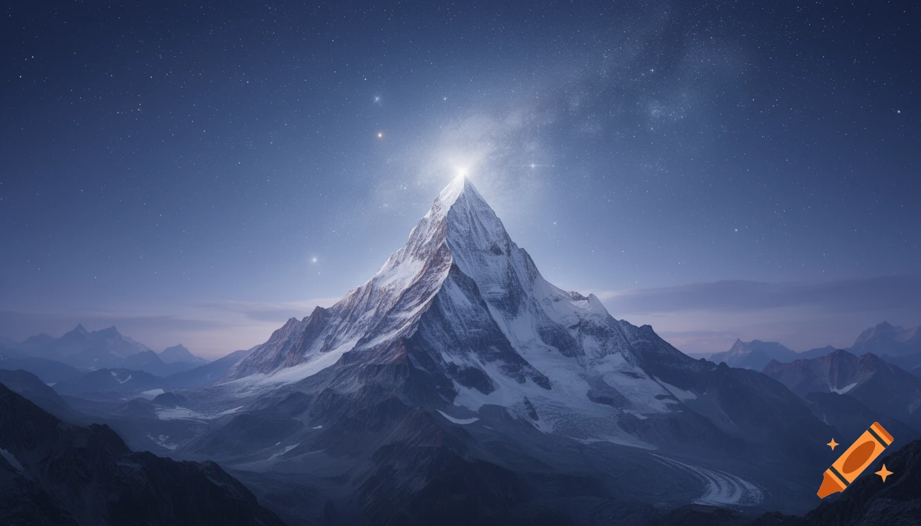 A majestic snow-capped mountain peak glows brightly under a dark, starry night sky with visible constellations and a Milky Way.