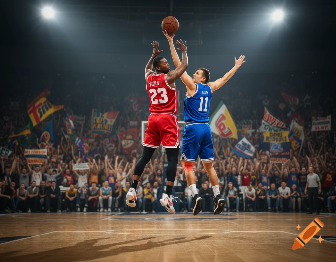 Two basketball players jump for a ball during an intense game in a crowded arena, photorealistic style.