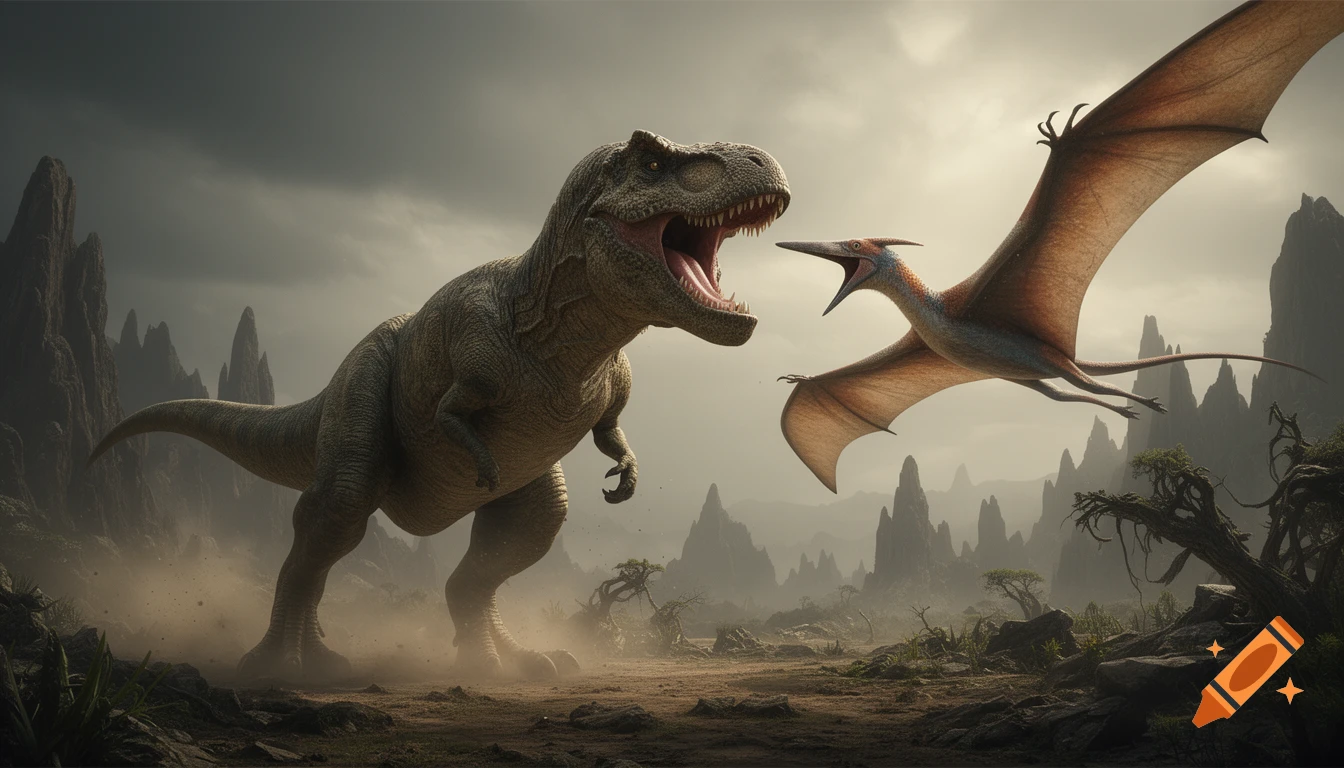 A photorealistic Tyrannosaurus Rex roaring at a flying Quetzalcoatlus in a dark, rocky, prehistoric landscape.