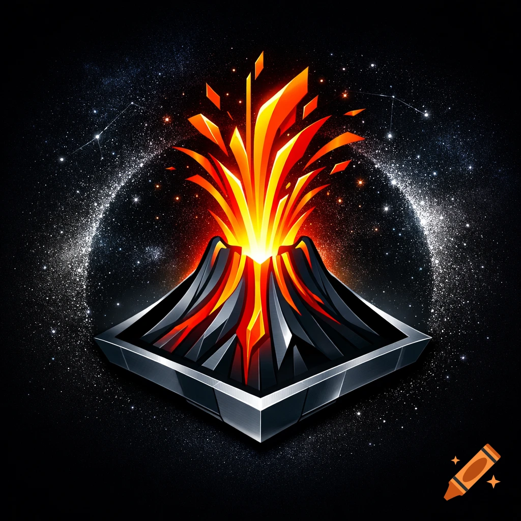 A stylized, geometric logo of a volcano erupting with orange and red lava on a metallic base, against a dark starry space background.